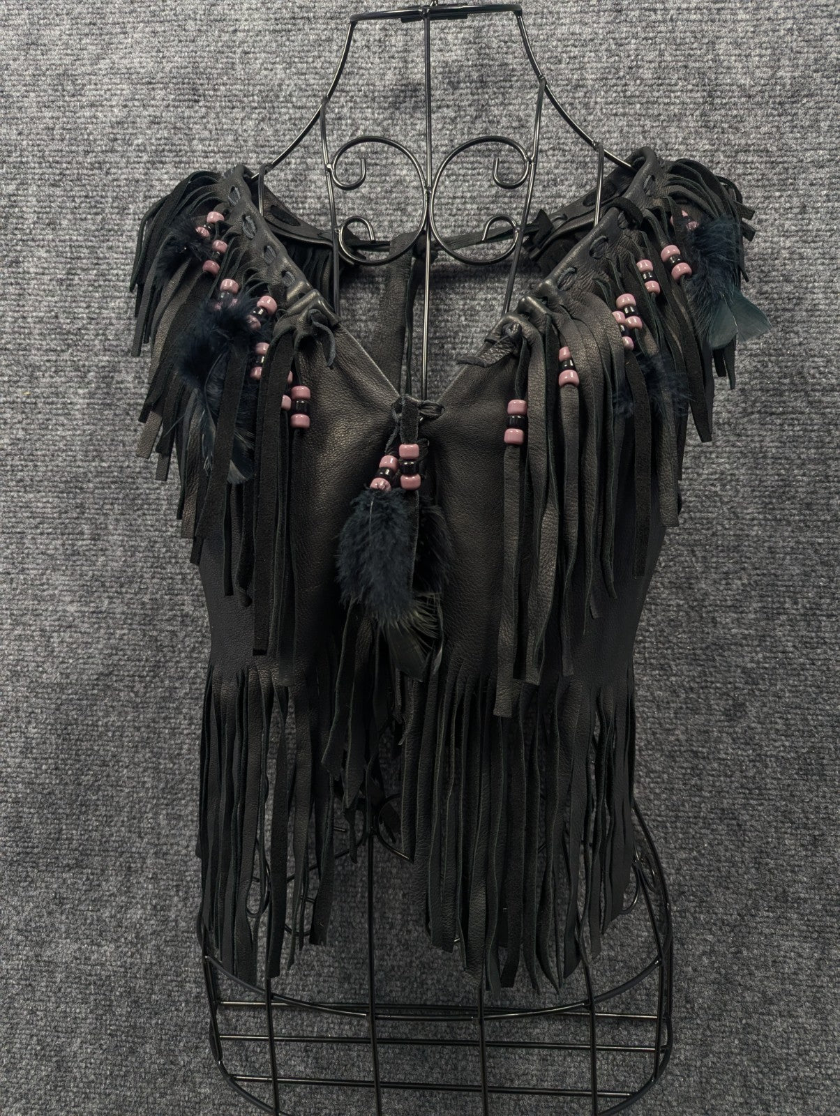 Handmade Black Leather Fringe Halter Top - Beaded Feather Detail