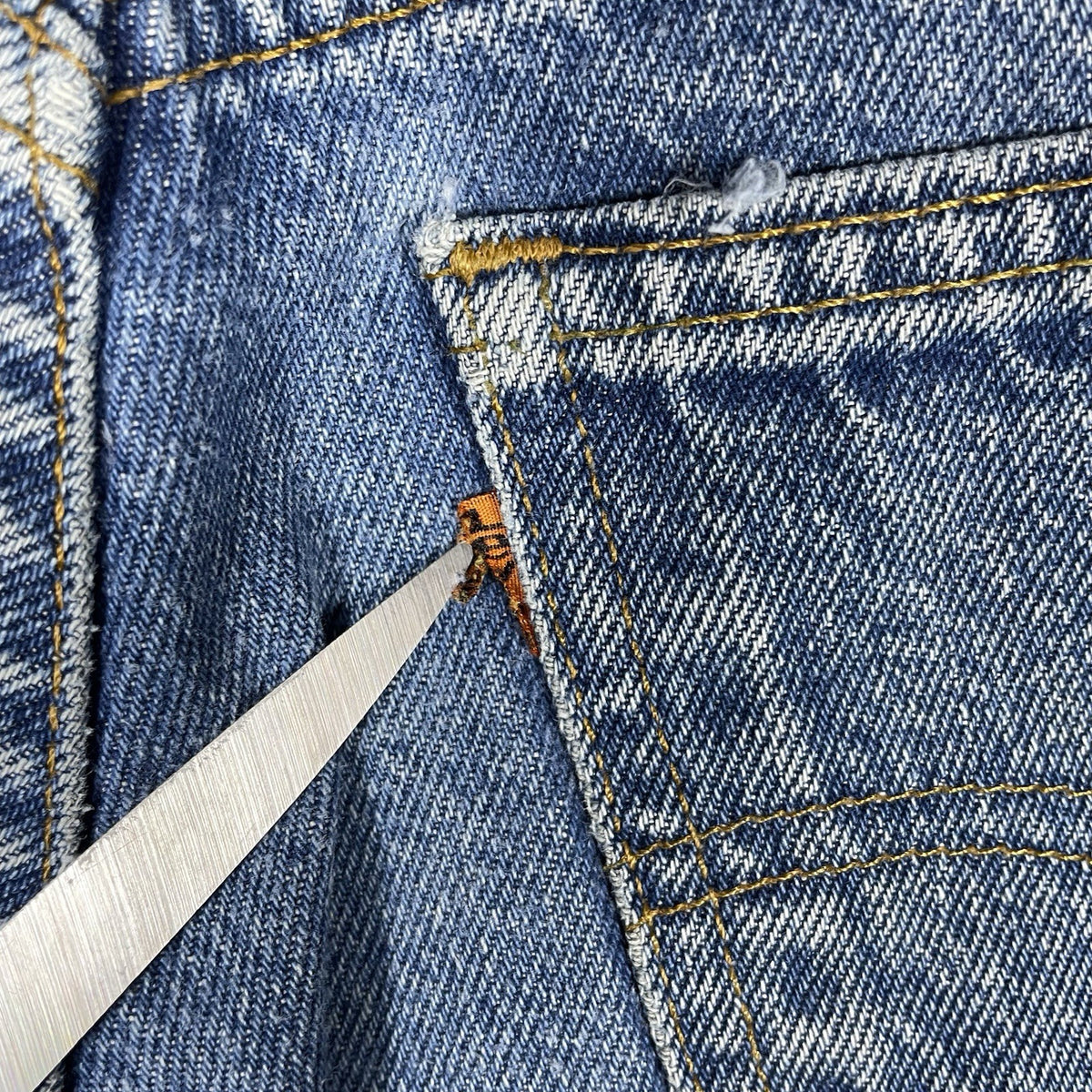 Levi's 505 Orange Tab Jeans, Medium Wash Distressed Denim