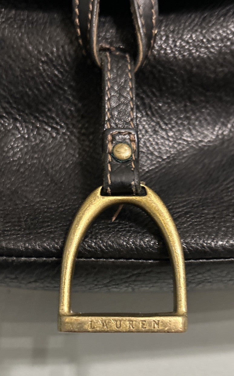 Lauren Ralph Lauren Black Leather Satchel Bag - Equestrian Themed