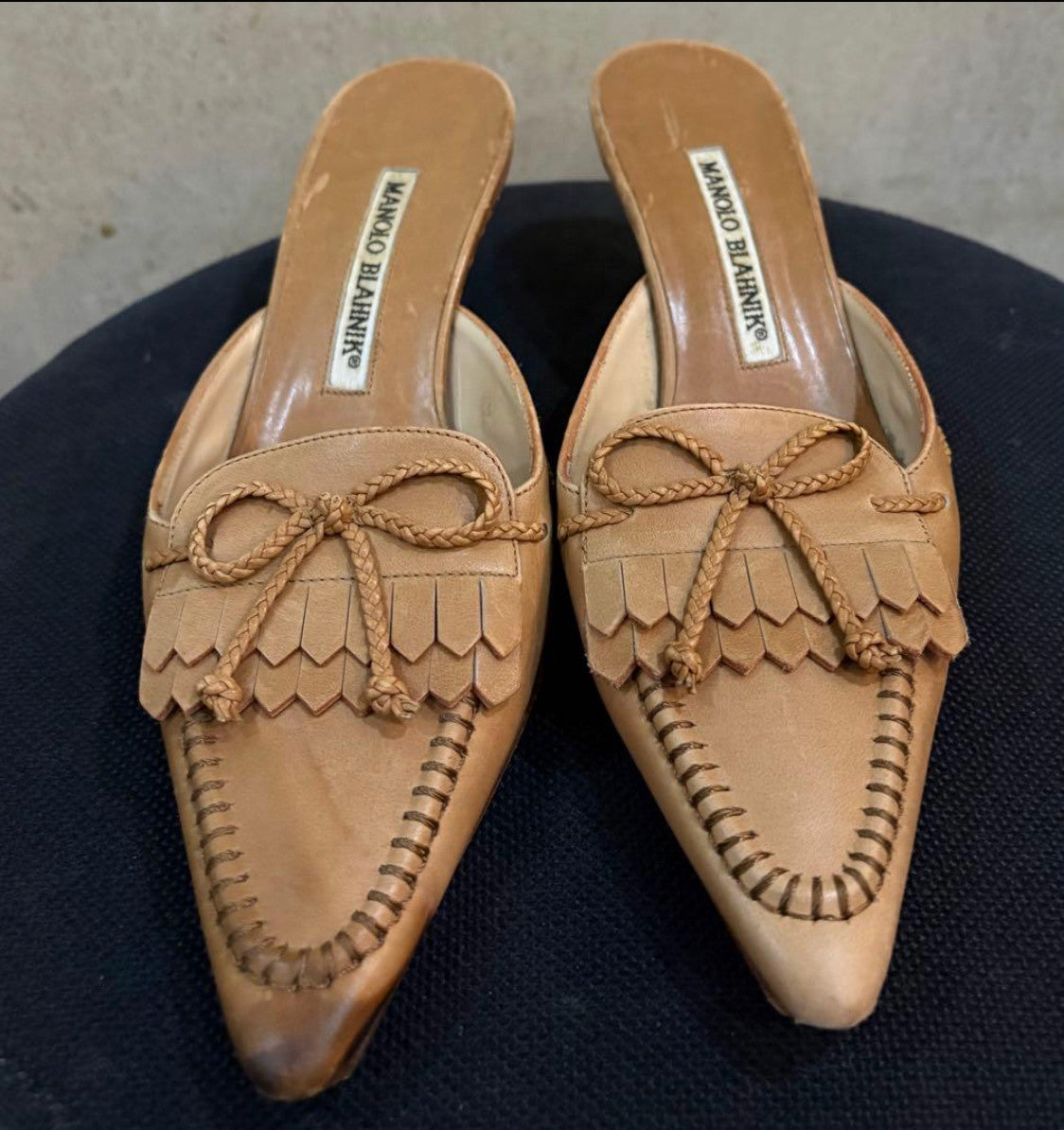 Manolo Blahnik Bow Fringe Pointed Toe Kitten Heel Mules