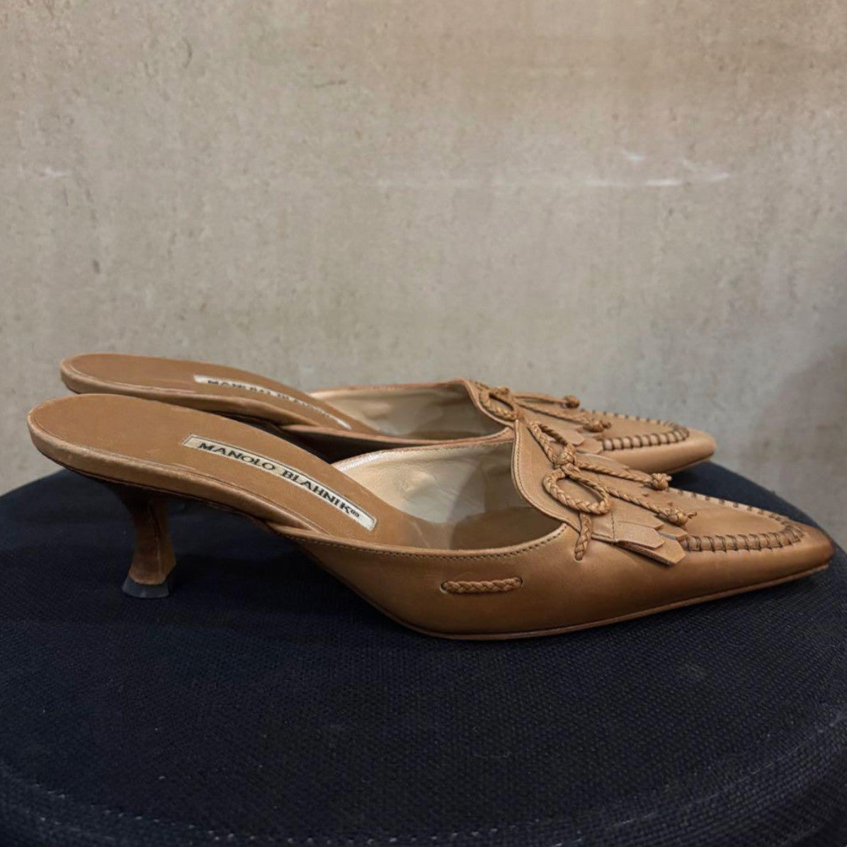 Manolo Blahnik Bow Fringe Pointed Toe Kitten Heel Mules
