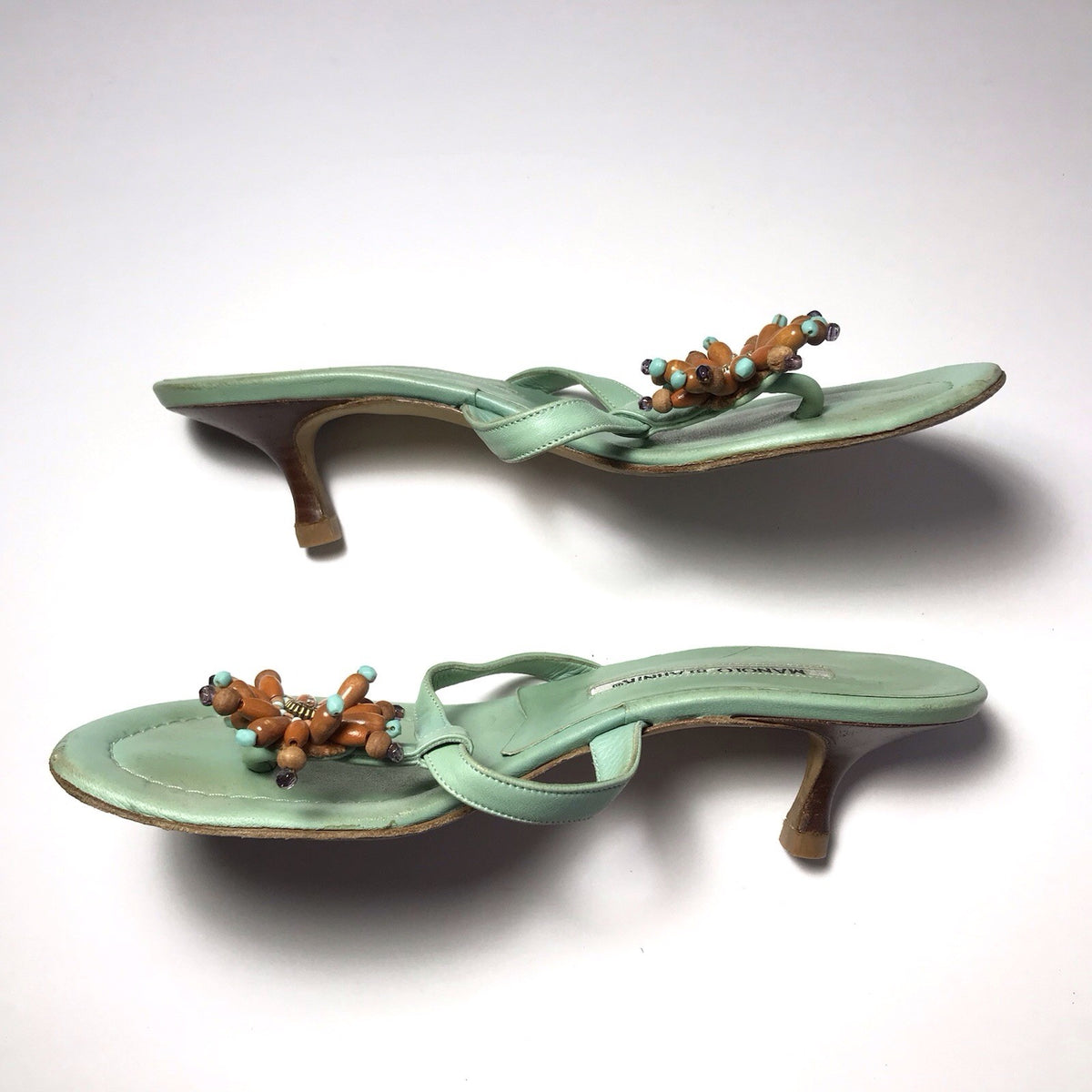 Manolo Blahnik Turquoise Beaded Wood Flower Kitten Heel Thong Sandals
