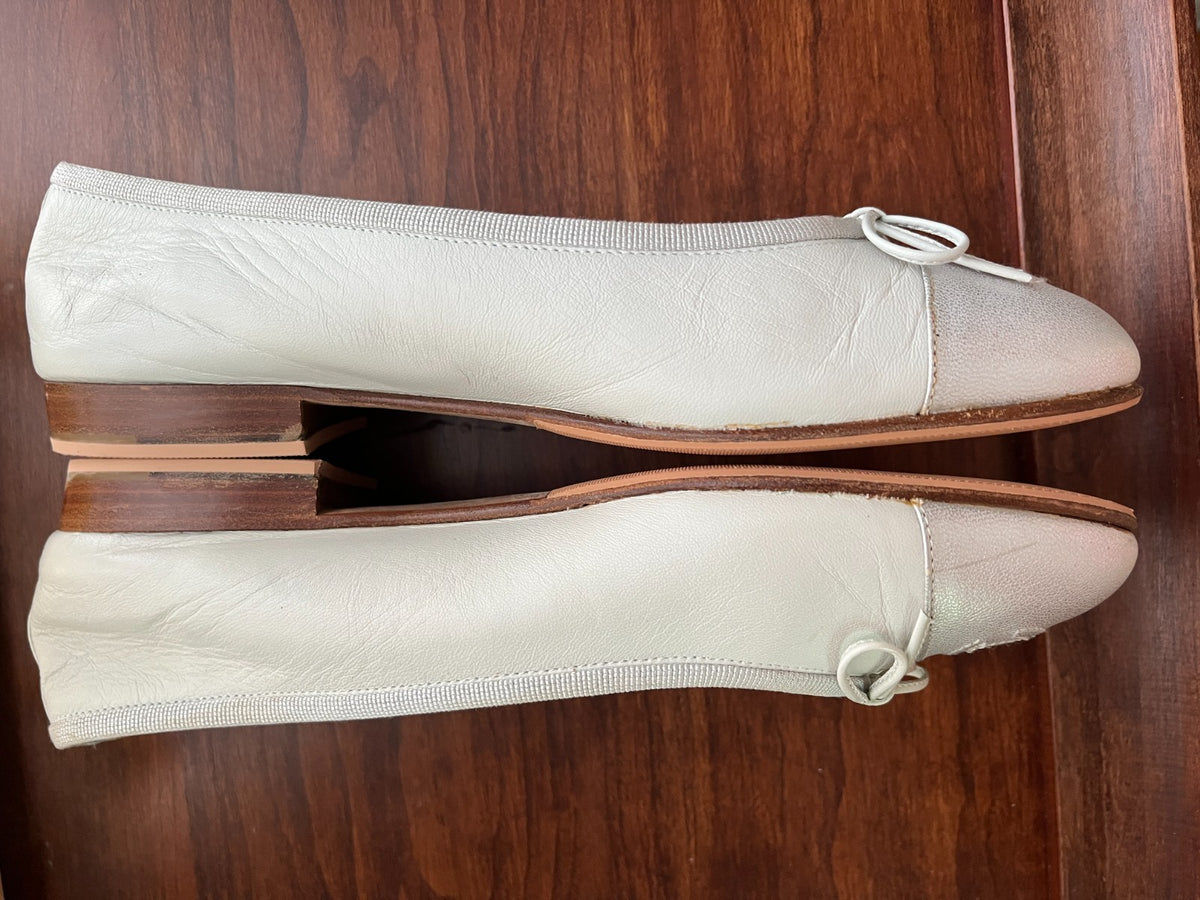 Chanel Ballet Flats, Plaster White with Mint and Silver Toe