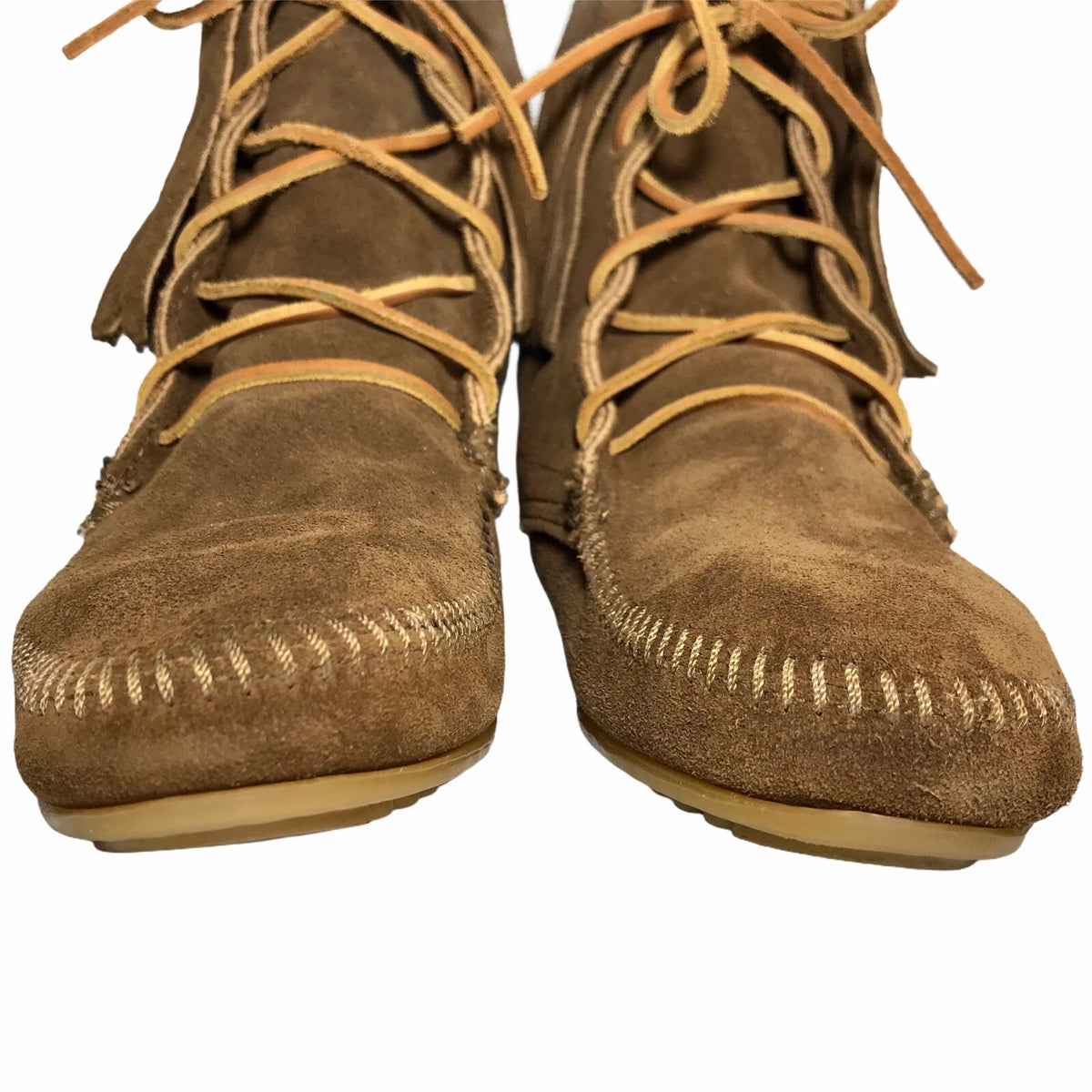 Minnetonka Tramper Fringe Ankle Moccasin Boots, Brown Suede