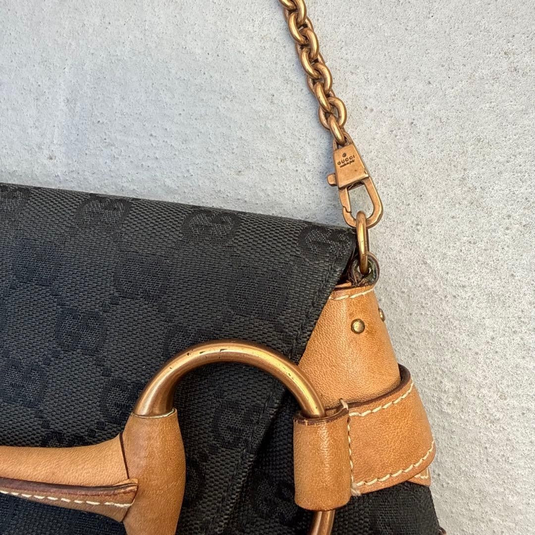 Gucci Tom Ford Era Horsebit GG Canvas Chain Clutch Shoulder Bag, Black & Beige