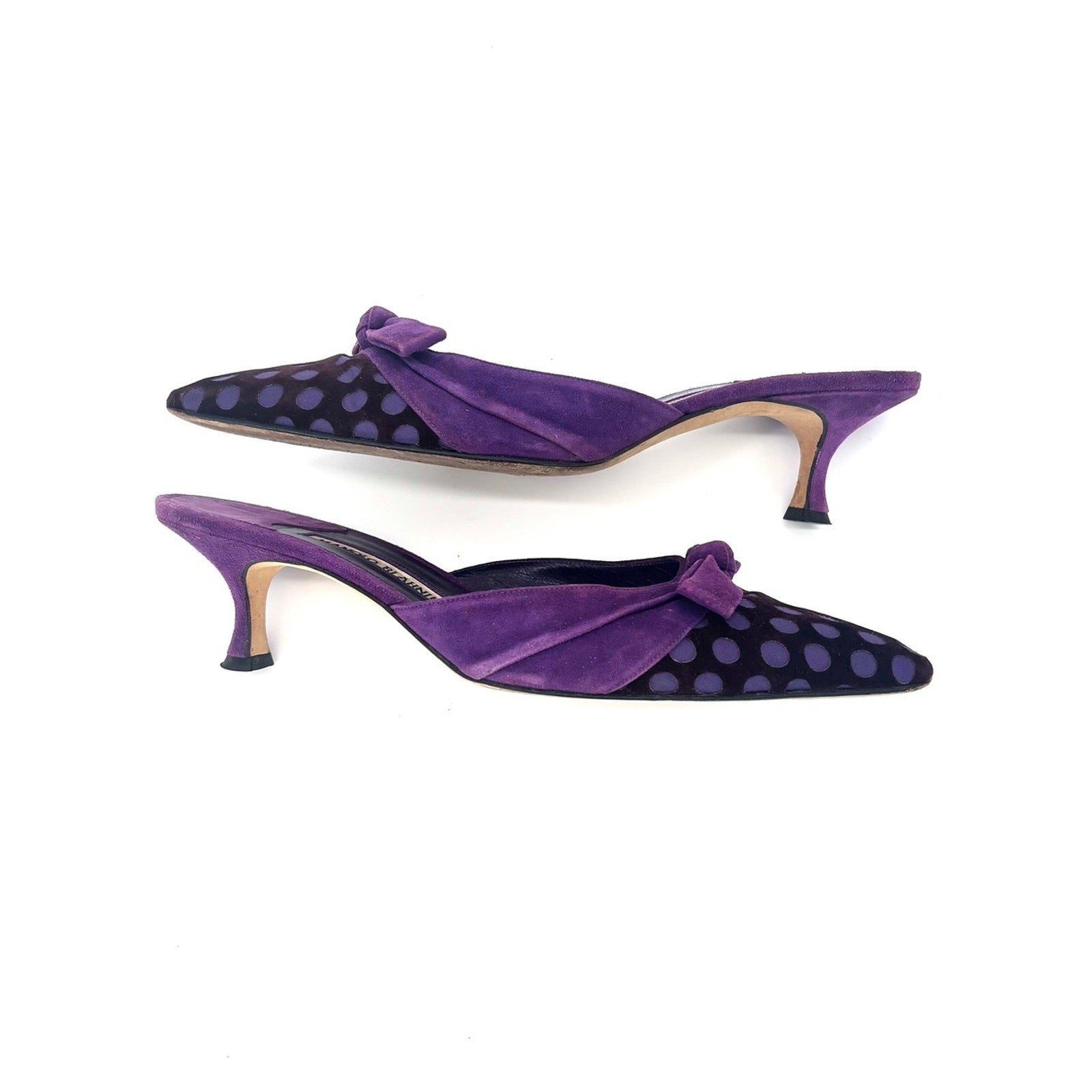 Manolo Blahnik Polka Dot Bow Kitten Heel Mules