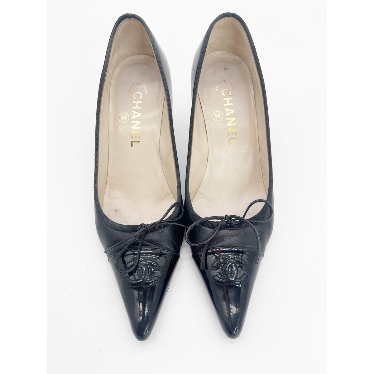 Chanel Vintage Black Patent Leather CC Bow Cap Toe Pumps, EU 36