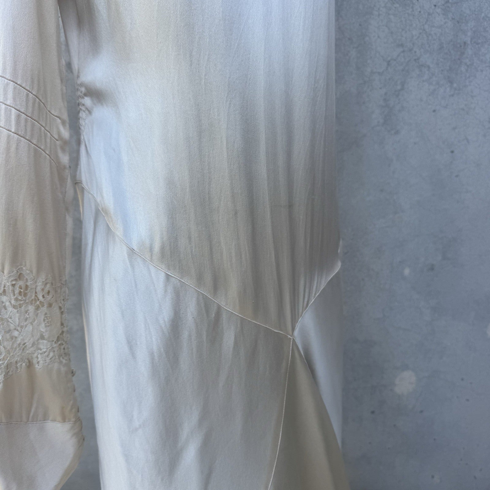 1930s Ivory Silk Satin Deco Wedding Gown with Brussels Lace