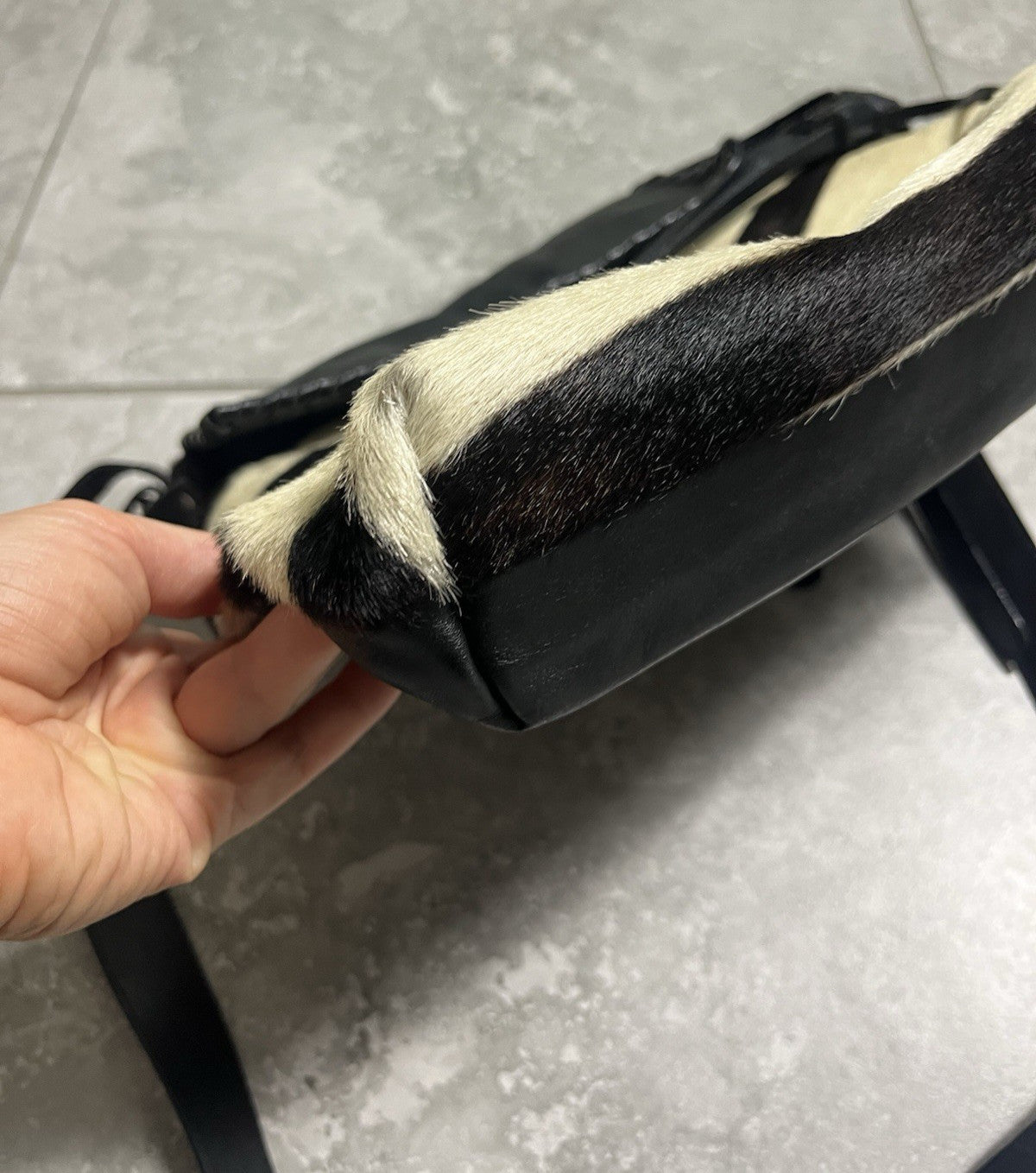 Cavalcanti Italy Leather & Cow Fur Crossbody Hobo Bag, Black & Cream