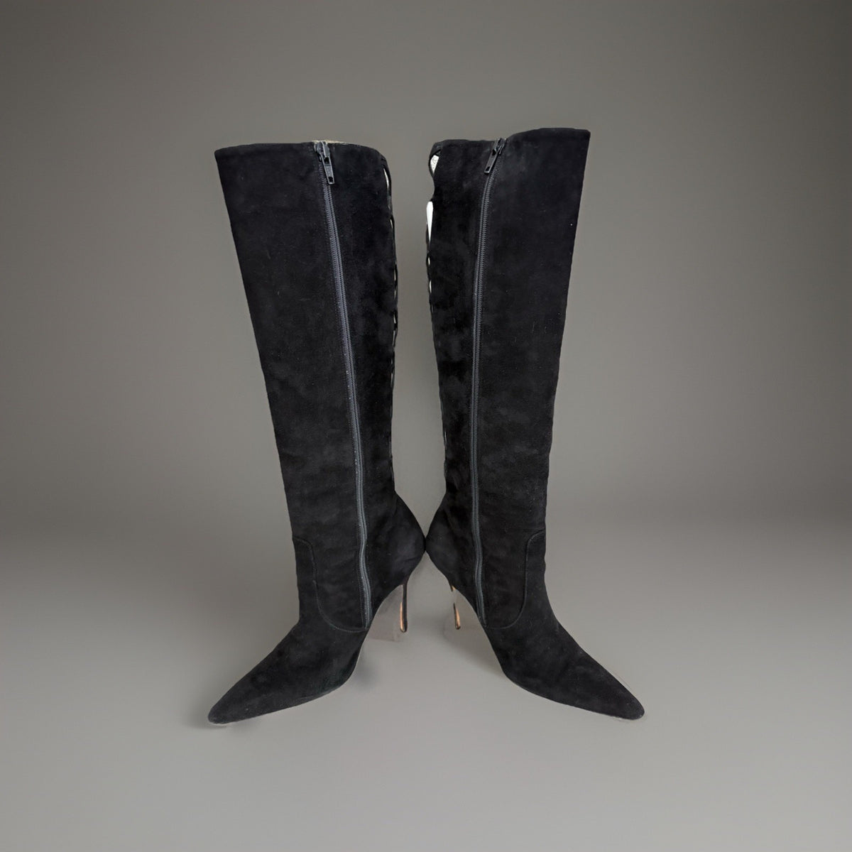 Manolo Blahnik Black Suede Cage Cutout Tall Boots