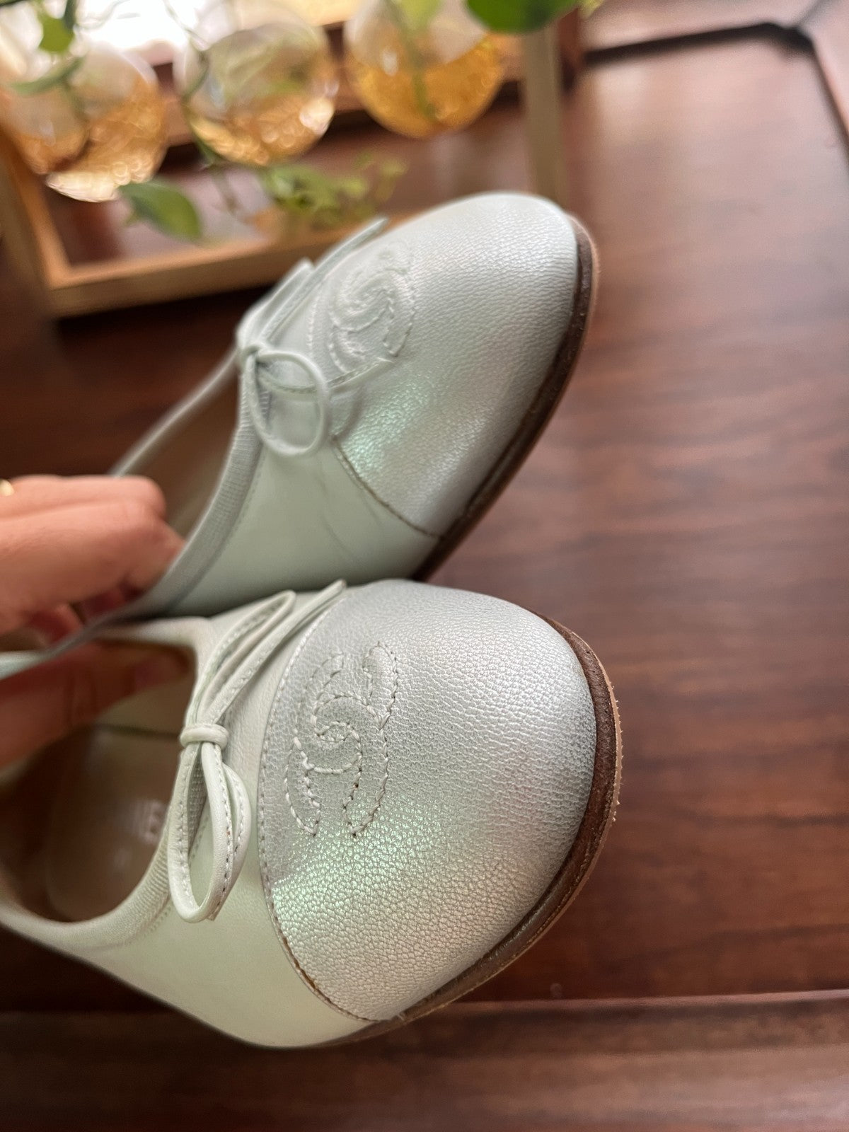 Chanel Ballet Flats, Plaster White with Mint and Silver Toe