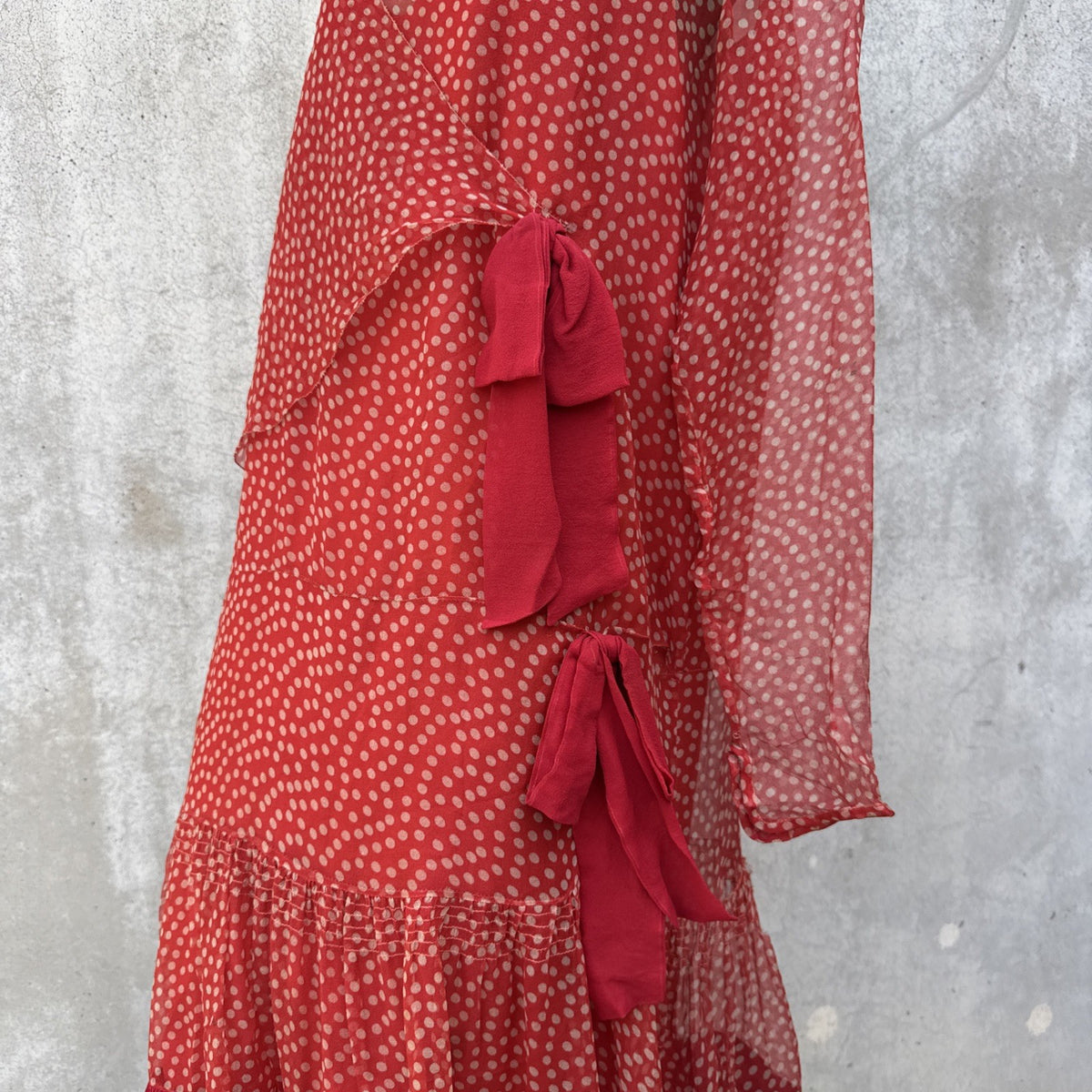 Marjone 1920s Red Silk Chiffon Polka Dot Dress