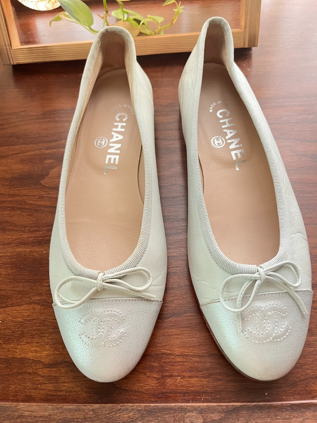Chanel Ballet Flats, Plaster White with Mint and Silver Toe