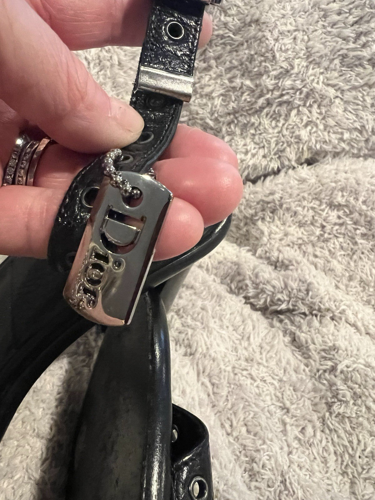 Christian Dior Vintage Black Leather Strappy Sandals with Dog Tag Detail