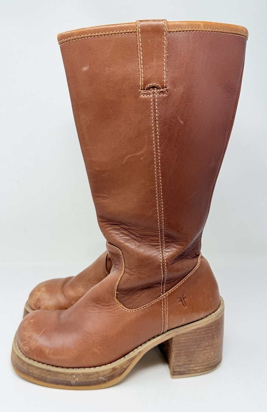 Frye Dorian Brown Leather Chunky Heel Platform Boots