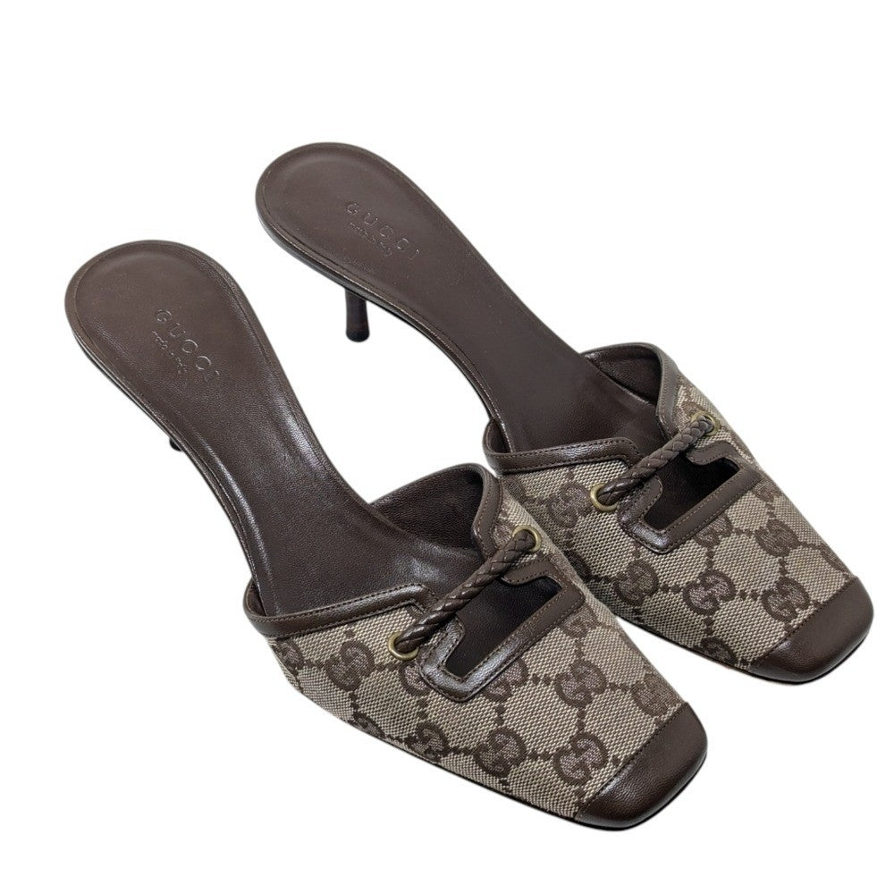 Gucci GG Monogram Square Toe Kitten Heel Mules