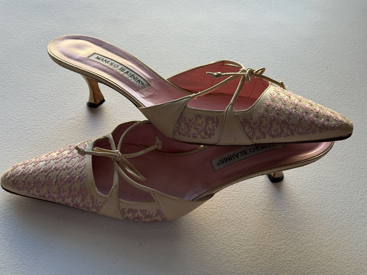 Vintage Manolo Blahnik Beige Pink Houndstooth Pointed Y2K Bow Mule Kitten