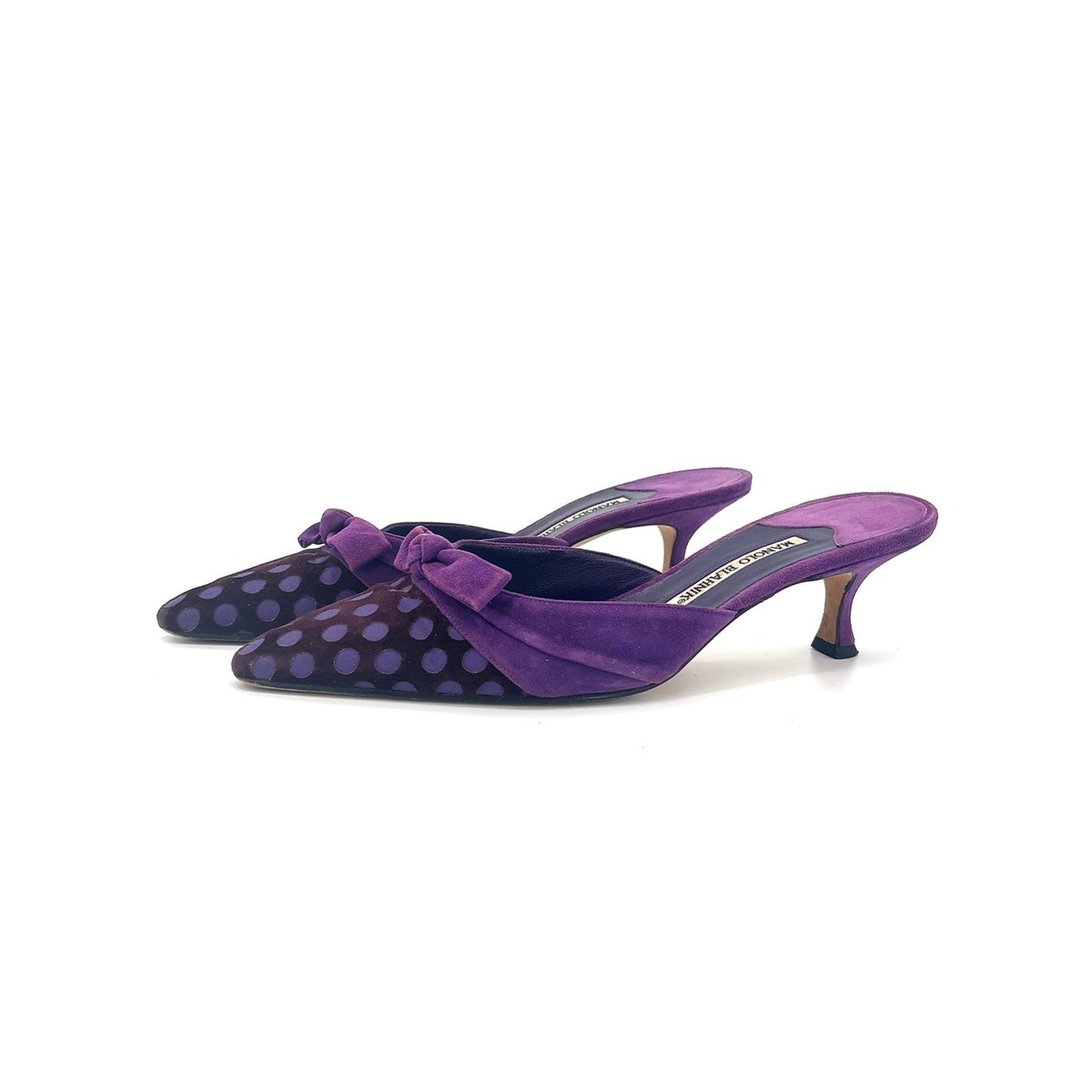 Manolo Blahnik Polka Dot Bow Kitten Heel Mules