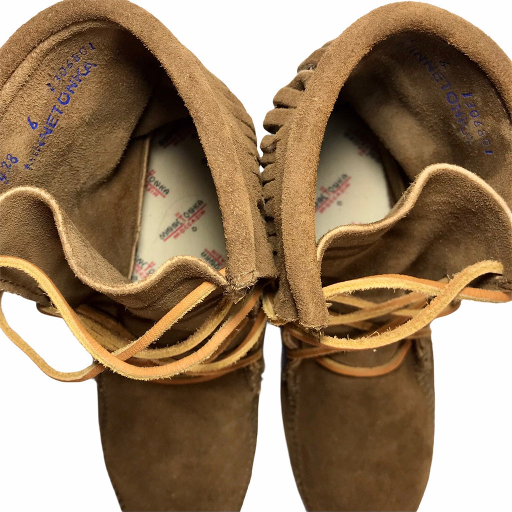 Minnetonka Tramper Fringe Ankle Moccasin Boots, Brown Suede