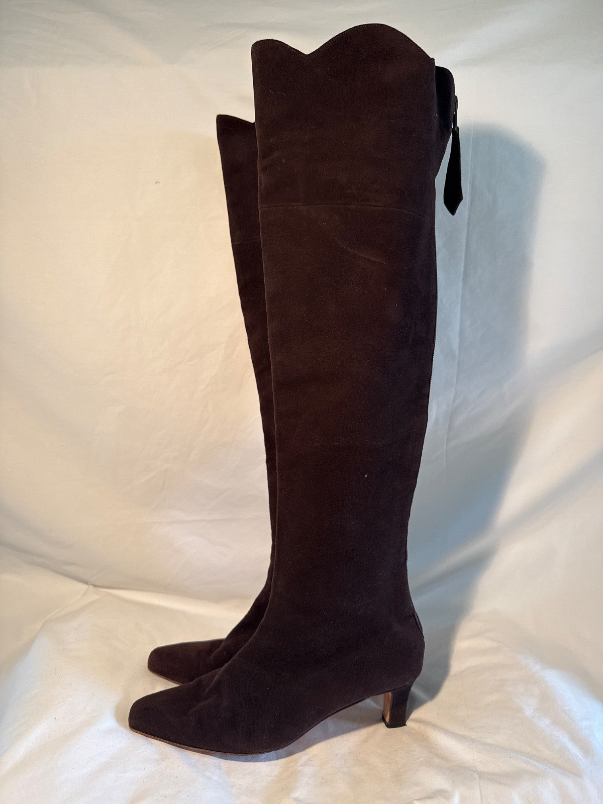 Manolo Blahnik Brown Suede Knee High Boots with Scallop Trim