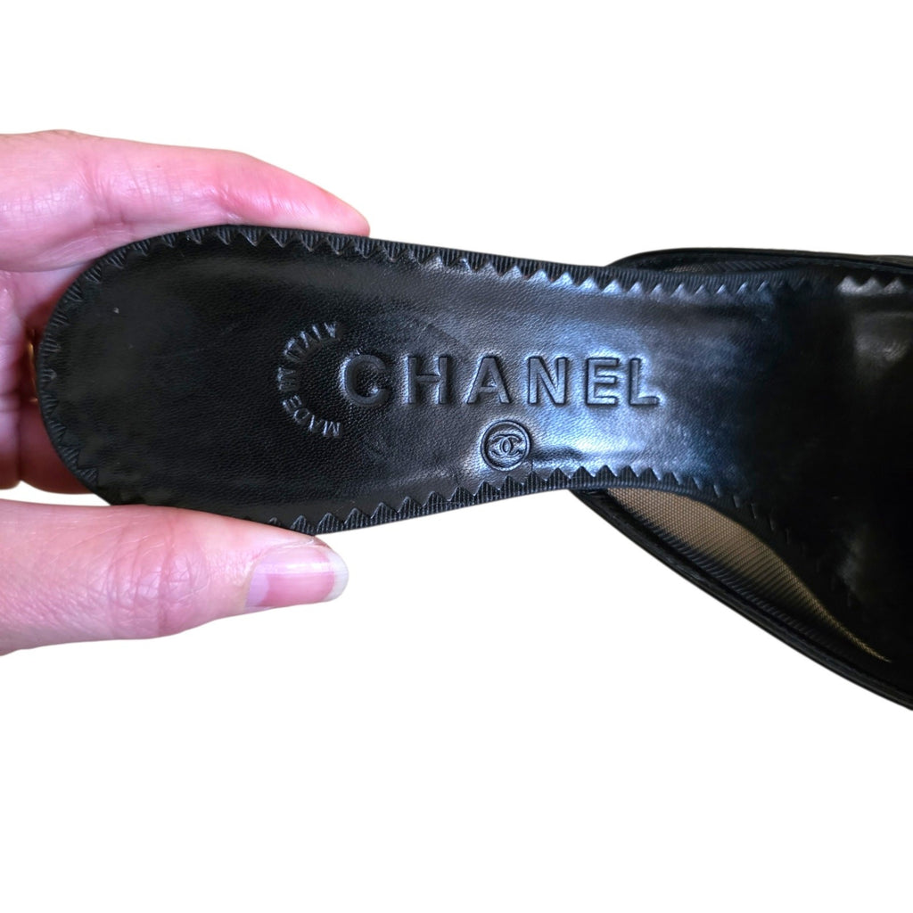 Chanel Mesh Camellia Flower Mules, Black Peep Toe Heels