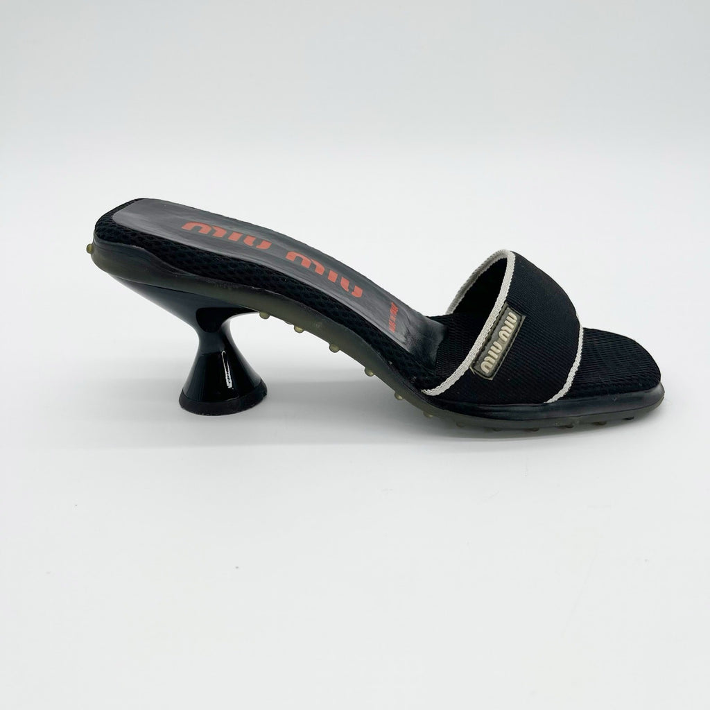 Miu Miu Black Mesh Logo Kitten Heel Mules