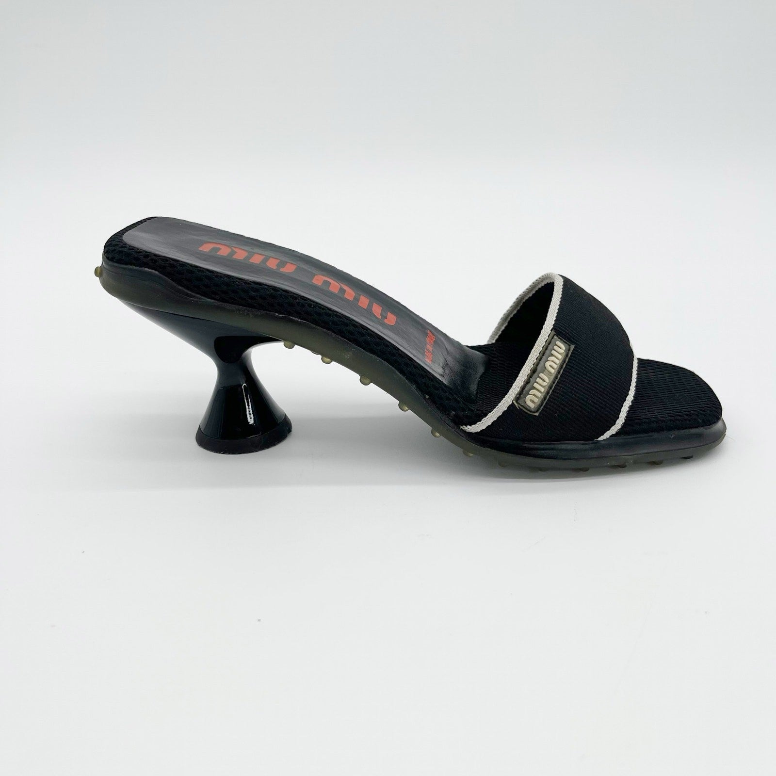 Miu Miu Black Mesh Logo Kitten Heel Mules