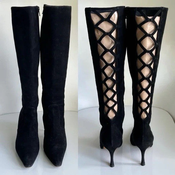 Manolo Blahnik Black Suede Cage Cutout Tall Boots