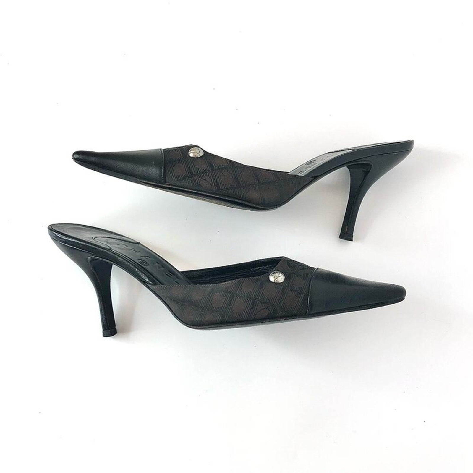 Chanel CC Logo Print Pointed Toe Mules