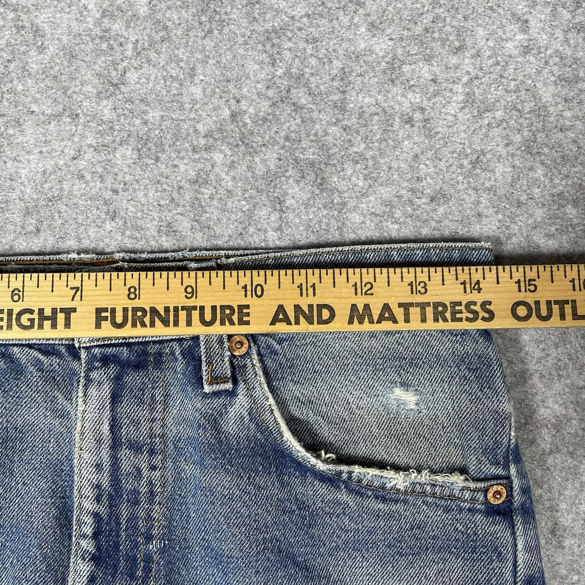 Levi's 505 Orange Tab Jeans, Medium Wash Distressed Denim