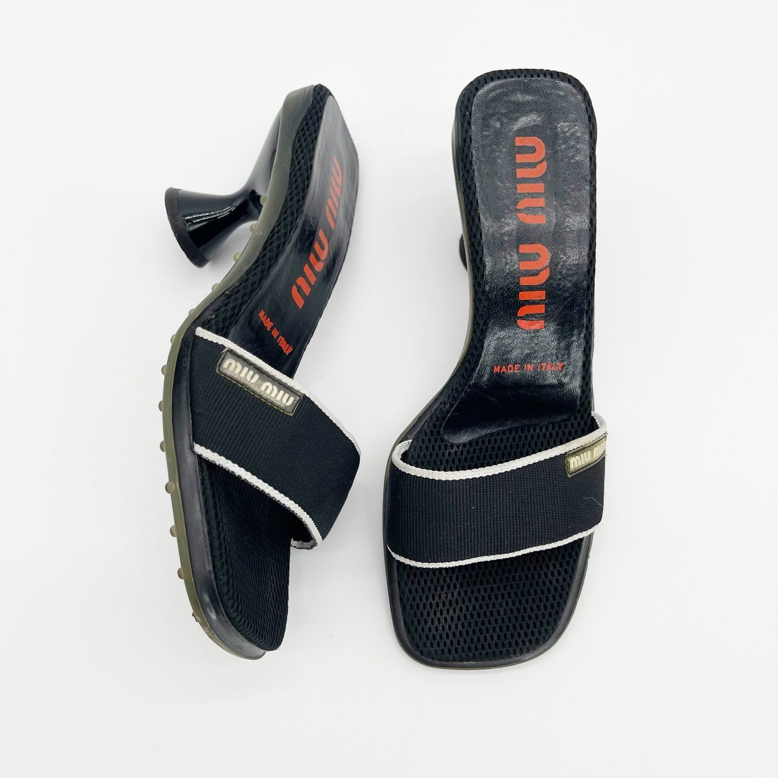Miu Miu Black Mesh Logo Kitten Heel Mules