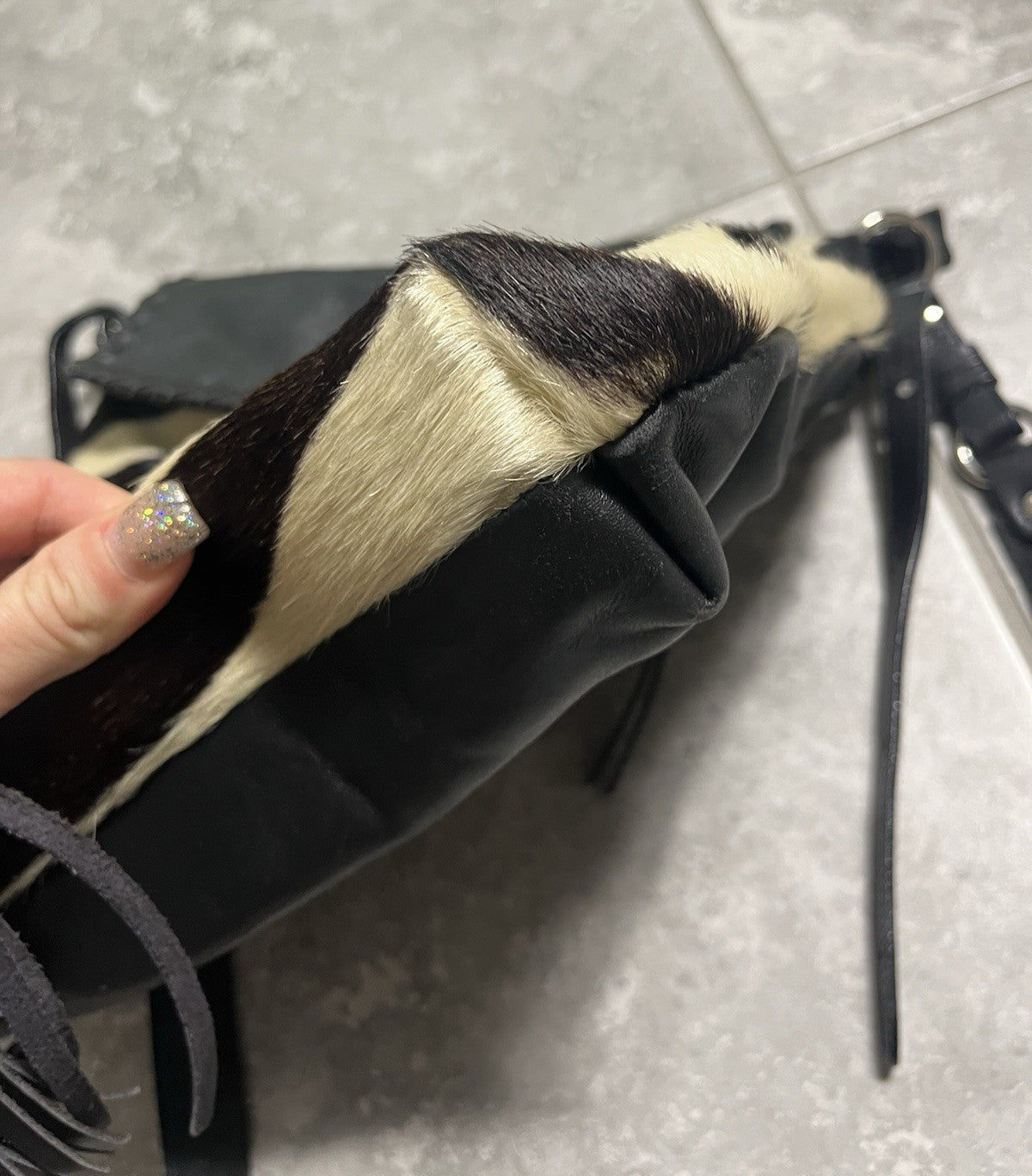 Cavalcanti Italy Leather & Cow Fur Crossbody Hobo Bag, Black & Cream