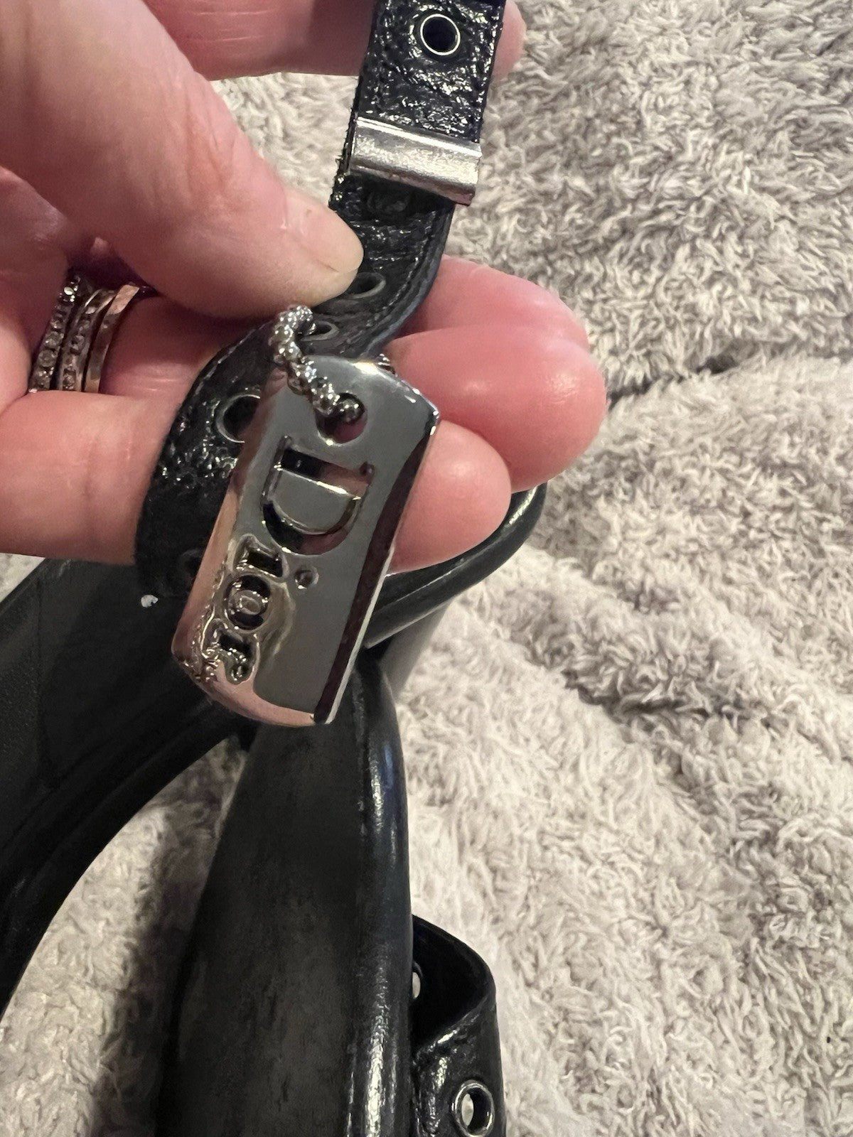 Christian Dior Vintage Black Leather Strappy Sandals with Dog Tag Detail