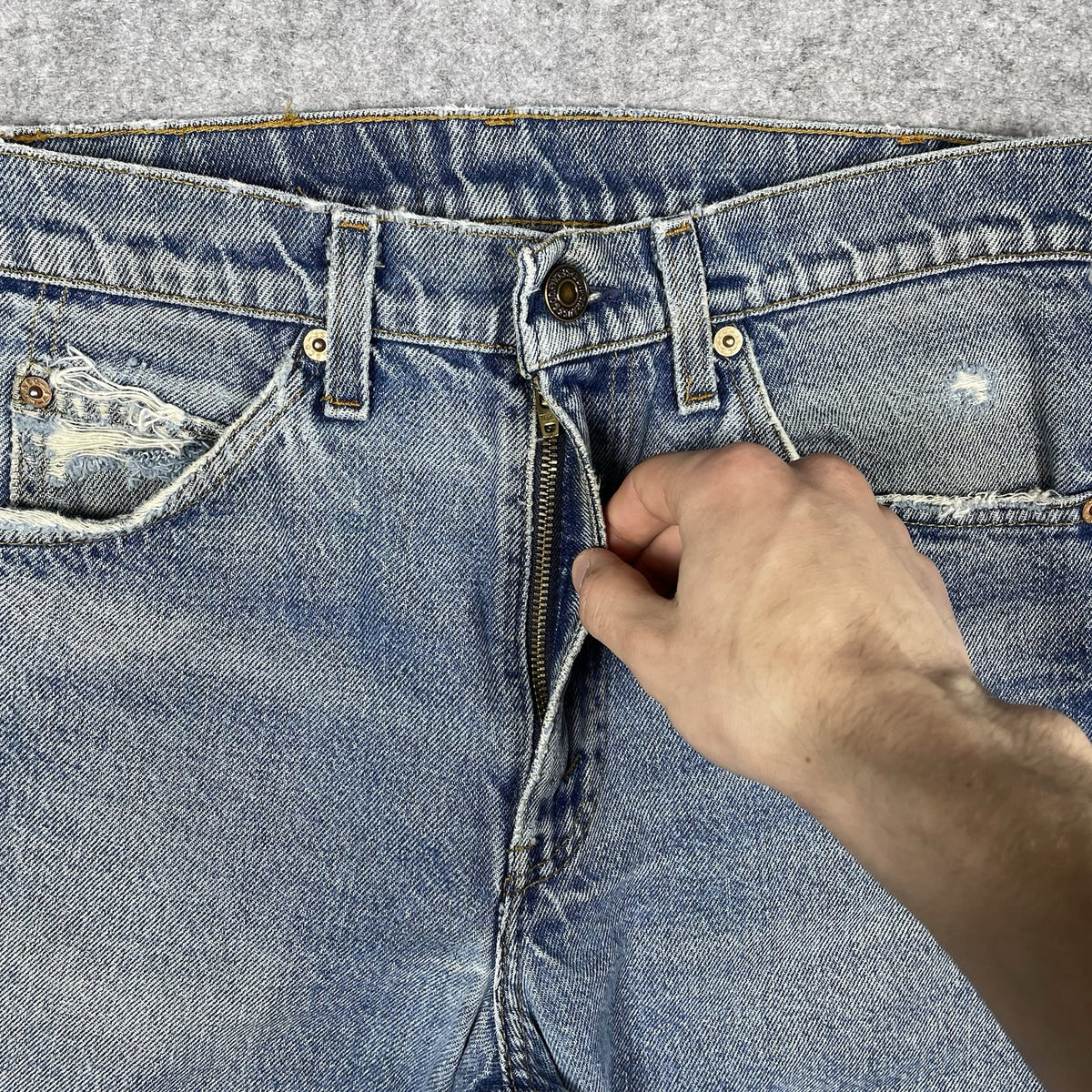Levi's 505 Orange Tab Jeans, Medium Wash Distressed Denim