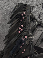 Handmade Black Leather Fringe Halter Top - Beaded Feather Detail