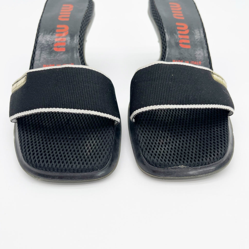 Miu Miu Black Mesh Logo Kitten Heel Mules