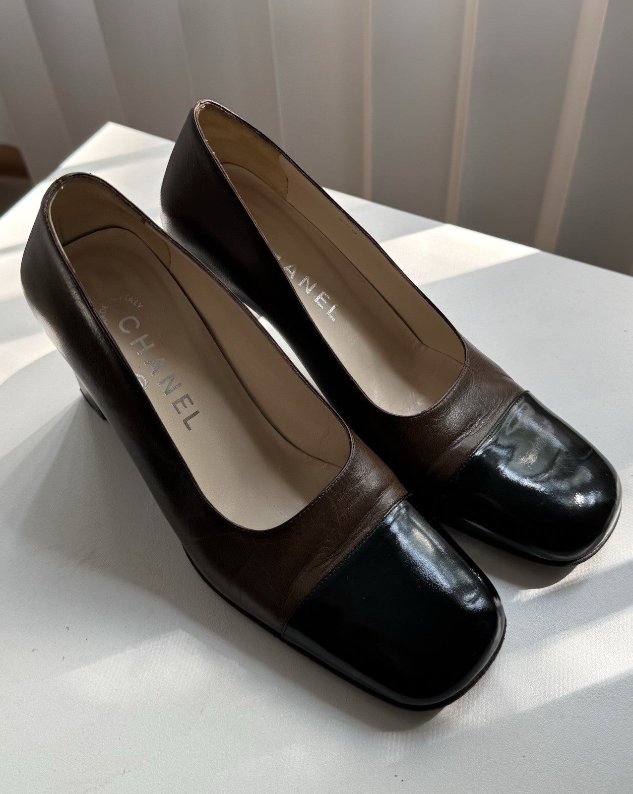 Chanel Two-Tone Metallic Silver and Brown Leather Cap Toe Pumps