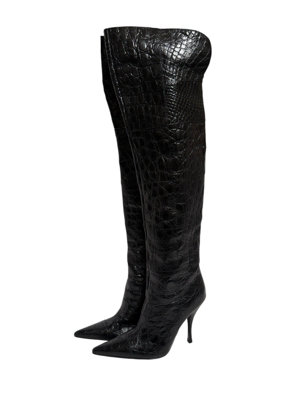 Dolce & Gabbana Black Croc-Embossed Over-the-Knee Boots