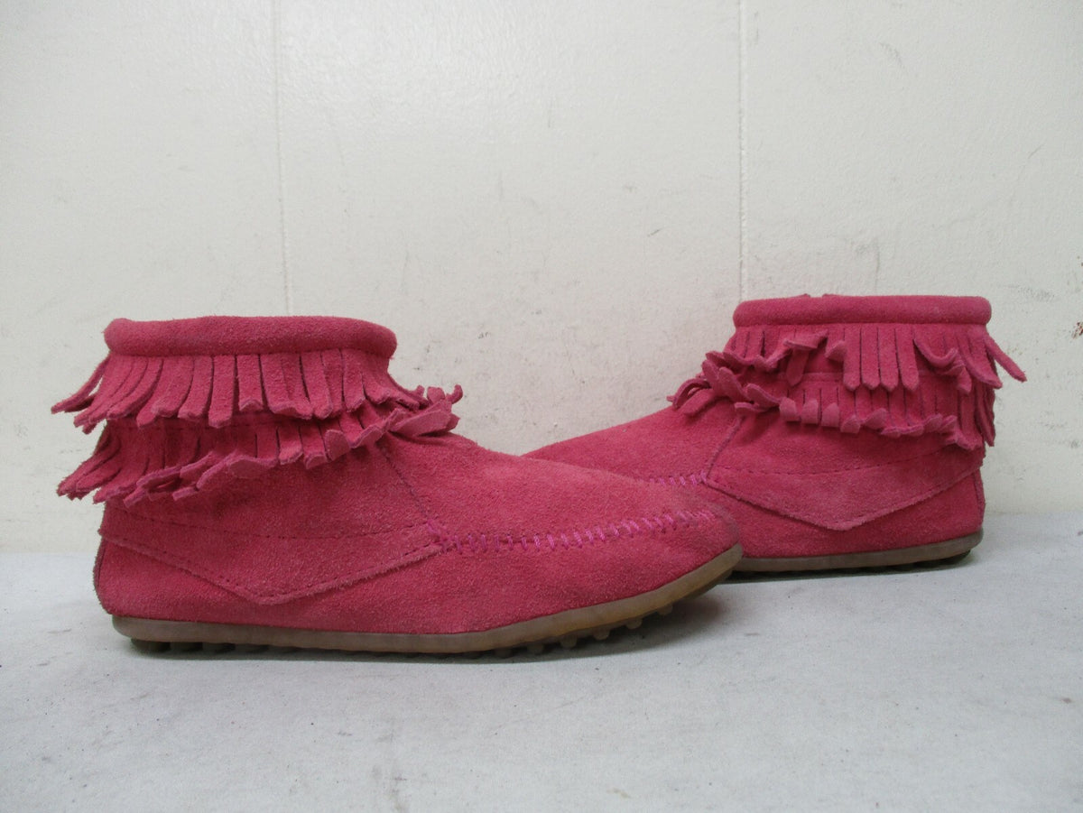 Minnetonka Moccasin Pink Leather Fringe Ankle Boots