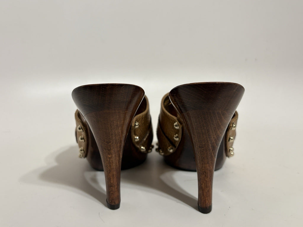 Gucci Gold Leather Horsebit Wood Sandal Heels