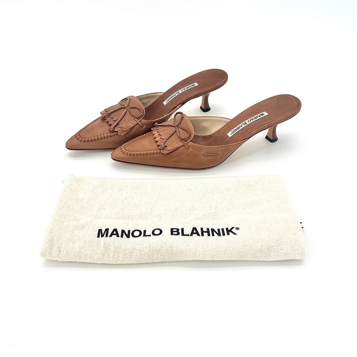 Manolo Blahnik Bow Fringe Pointed Toe Kitten Heel Mules