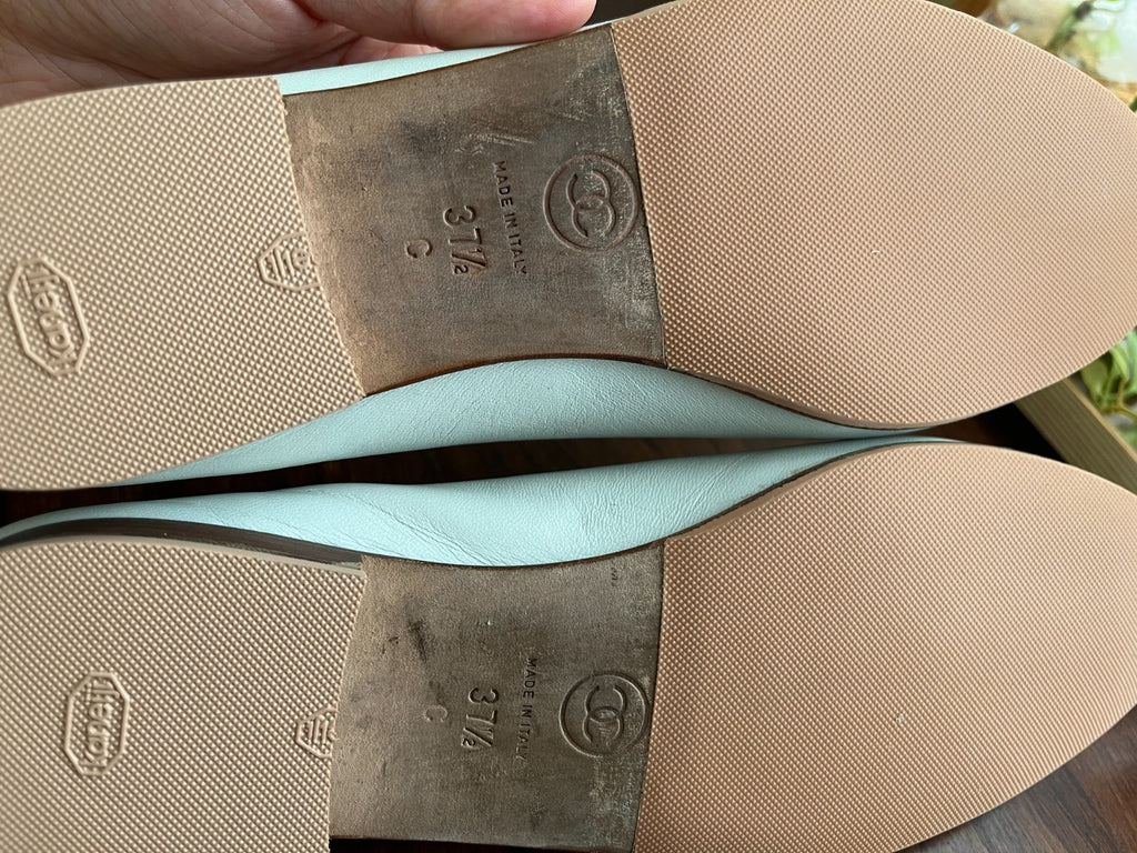 Chanel Ballet Flats, Plaster White with Mint and Silver Toe