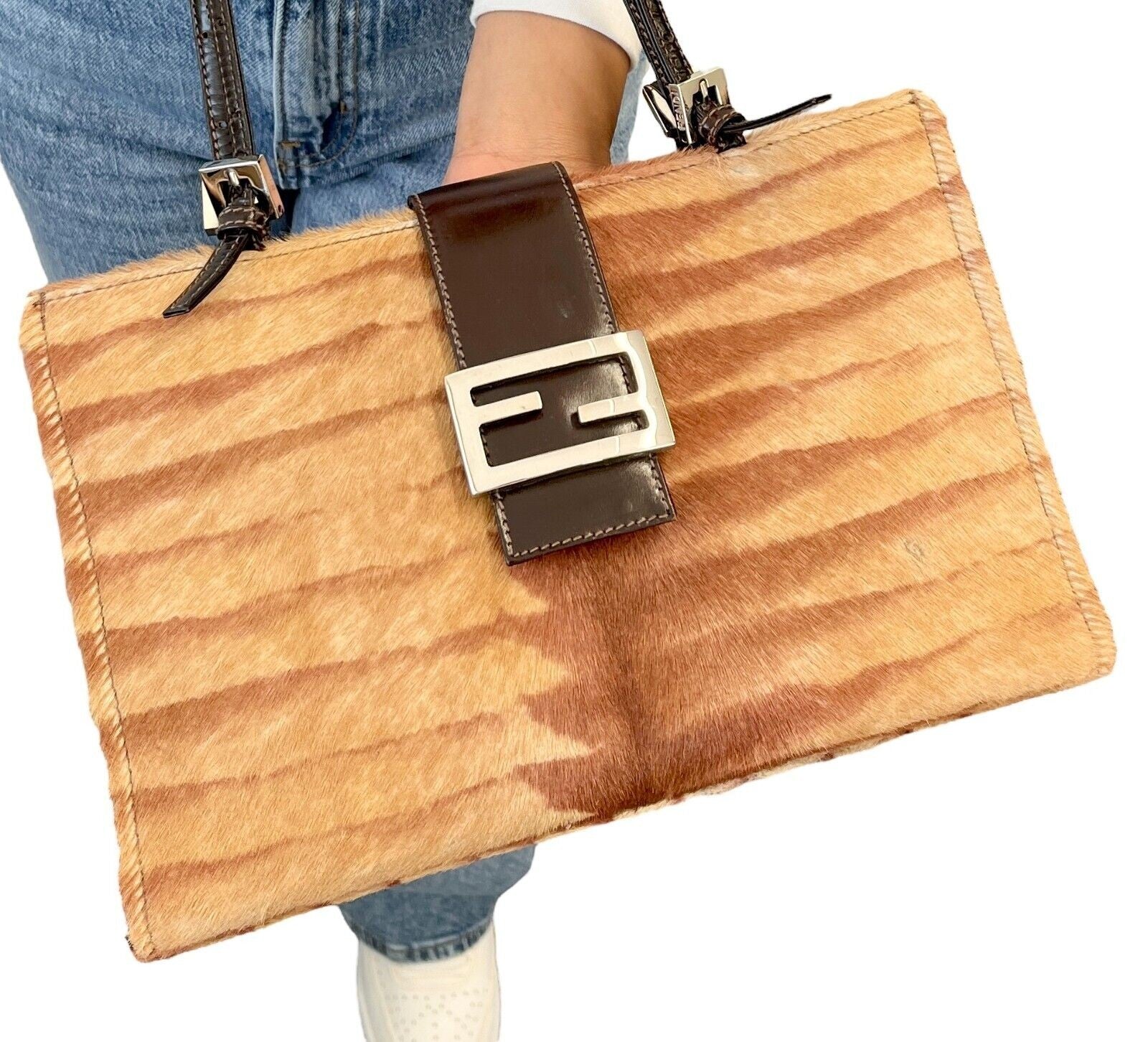 Fendi Vintage FF Logo Calf Hair Shoulder Bag, Brown & Silver