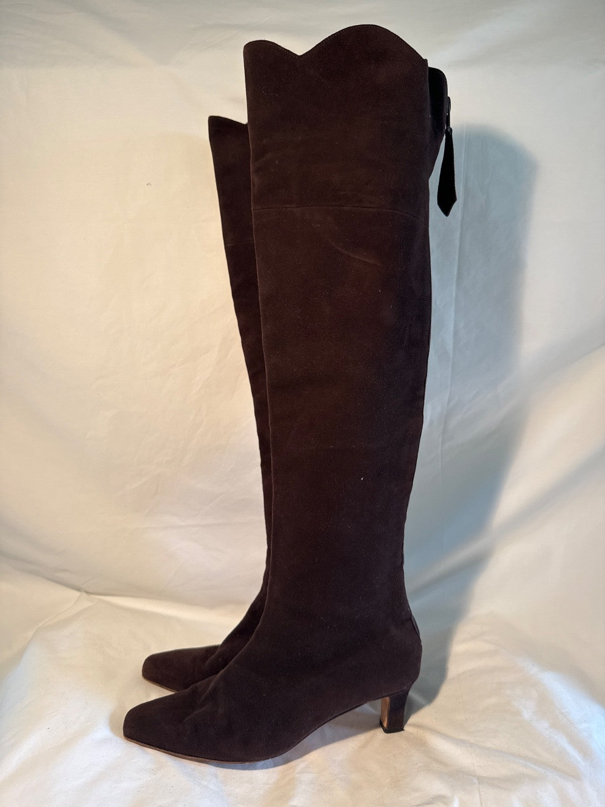 Manolo Blahnik Brown Suede Knee High Boots with Scallop Trim