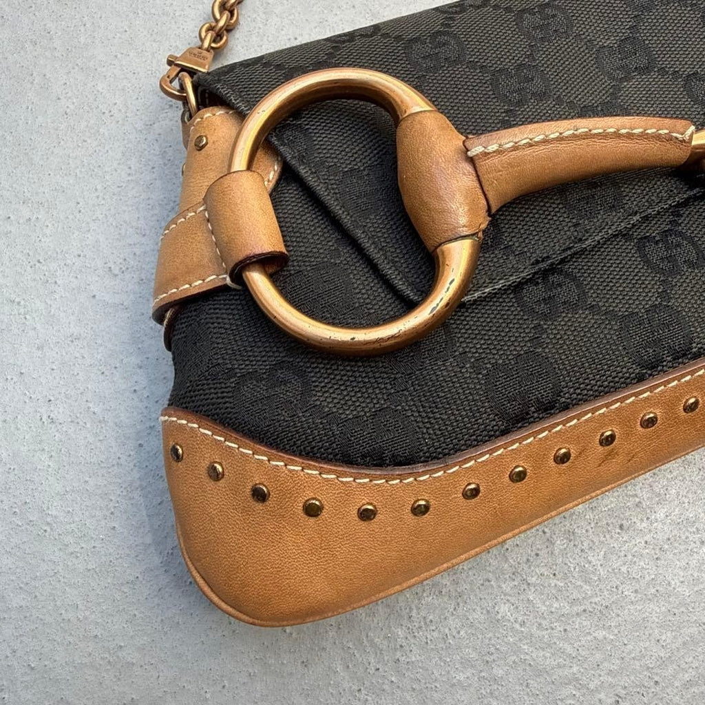 Gucci Tom Ford Era Horsebit GG Canvas Chain Clutch Shoulder Bag, Black & Beige