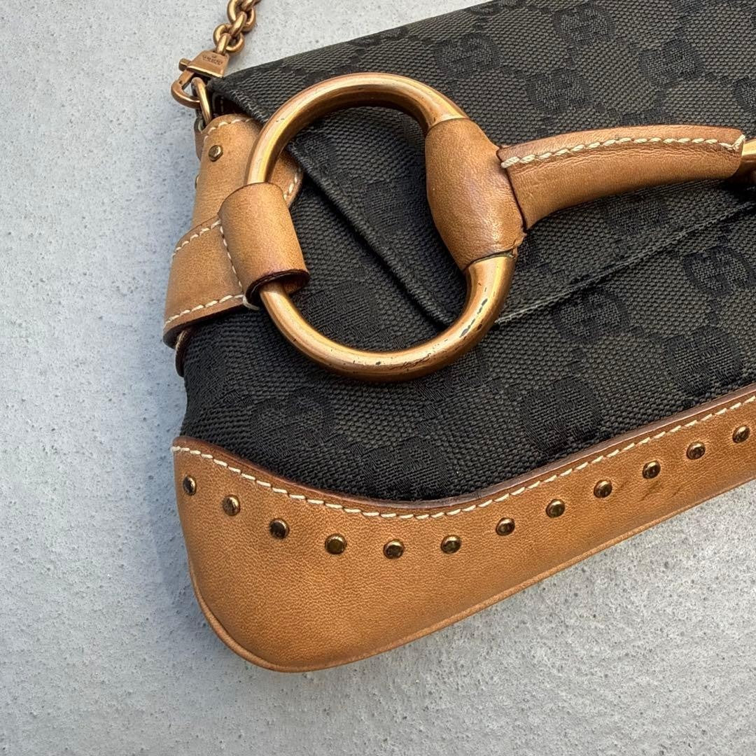 Gucci Tom Ford Era Horsebit GG Canvas Chain Clutch Shoulder Bag, Black & Beige