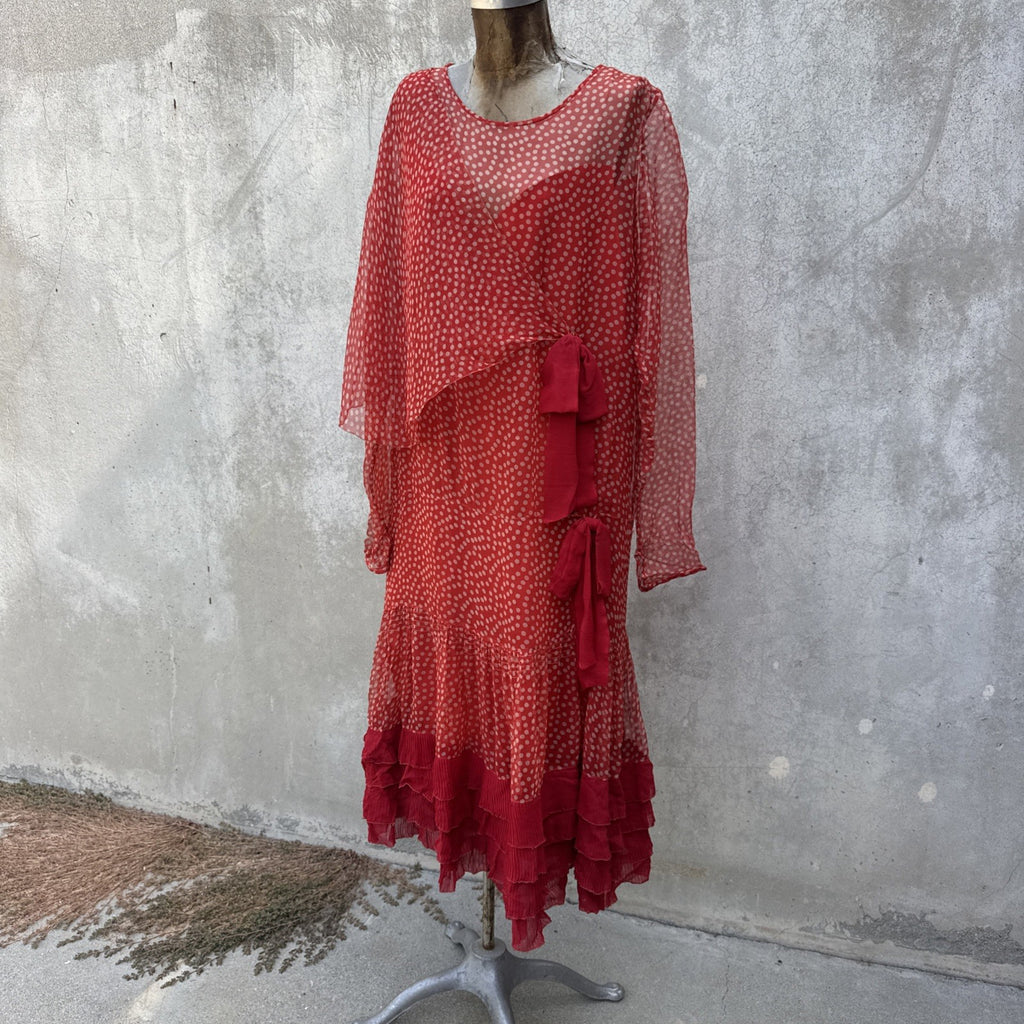 Marjone 1920s Red Silk Chiffon Polka Dot Dress