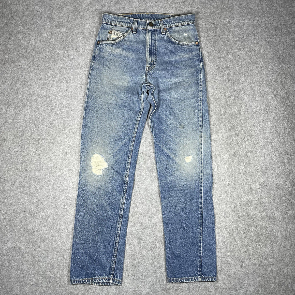 Levi's 505 Orange Tab Jeans, Medium Wash Distressed Denim