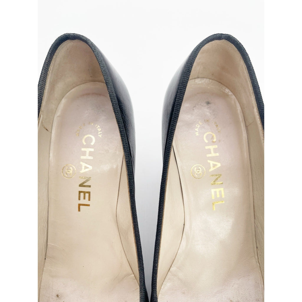 Chanel Vintage Black Patent Leather CC Bow Cap Toe Pumps, EU 36