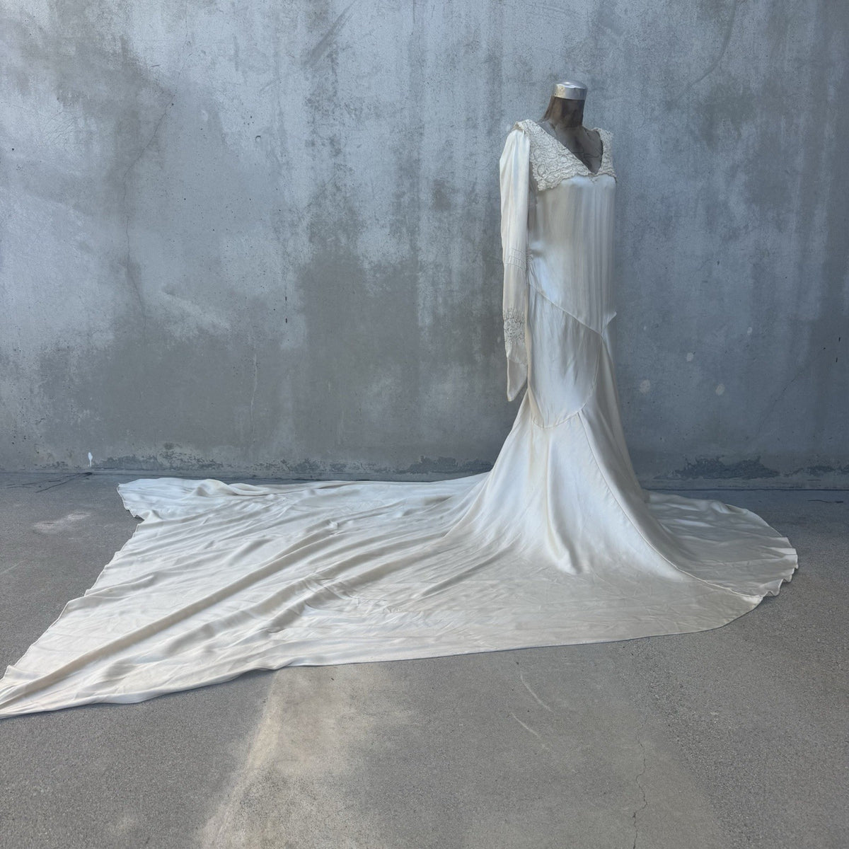 1930s Ivory Silk Satin Deco Wedding Gown with Brussels Lace